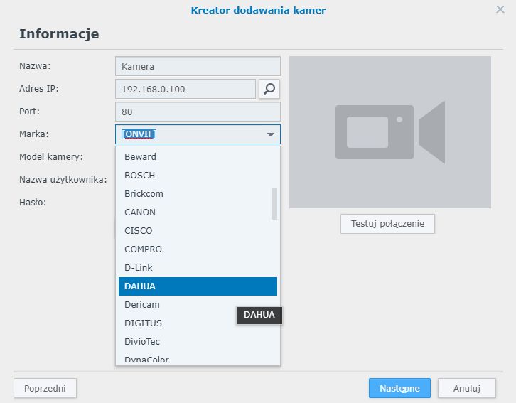 Podczas konfigurowania kamery należy między innymi wskazać jej producenta i model.