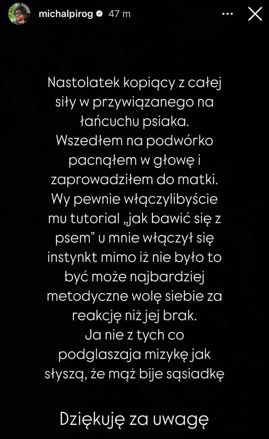 Wpis Michała Piróga na Instagramie