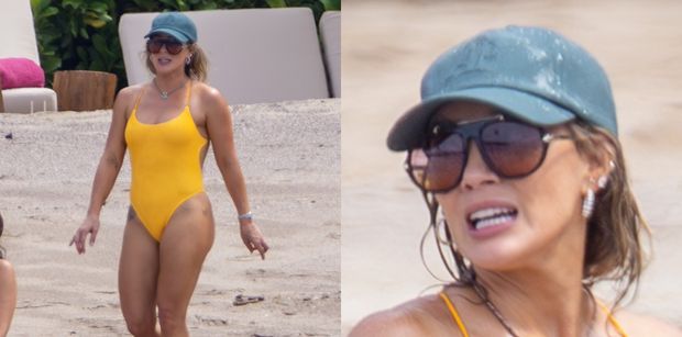 39-letnia Hilary Duff spaceruje po plaży w kanarkowym kostiumie kąpielowym. Jest ogień? (ZDJĘCIA)
