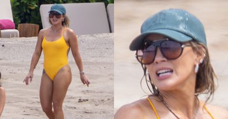 39-letnia Hilary Duff spaceruje po plaży w kanarkowym kostiumie kąpielowym. Jest ogień? (ZDJĘCIA)
