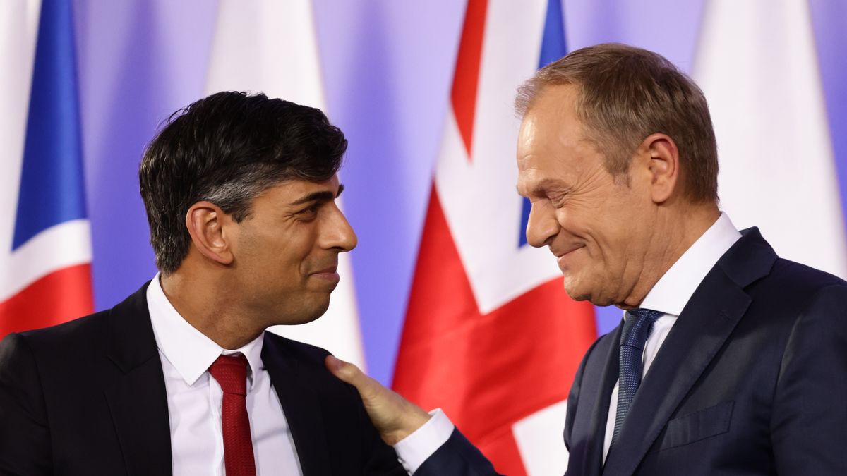 British Prime Minister Rishi Sunak and Polish Prime Minister Donald Tusk during their meeting in Warsaw, Poland on April 23, 2024. (Photo by Jakub Porzycki/NurPhoto via Getty Images)