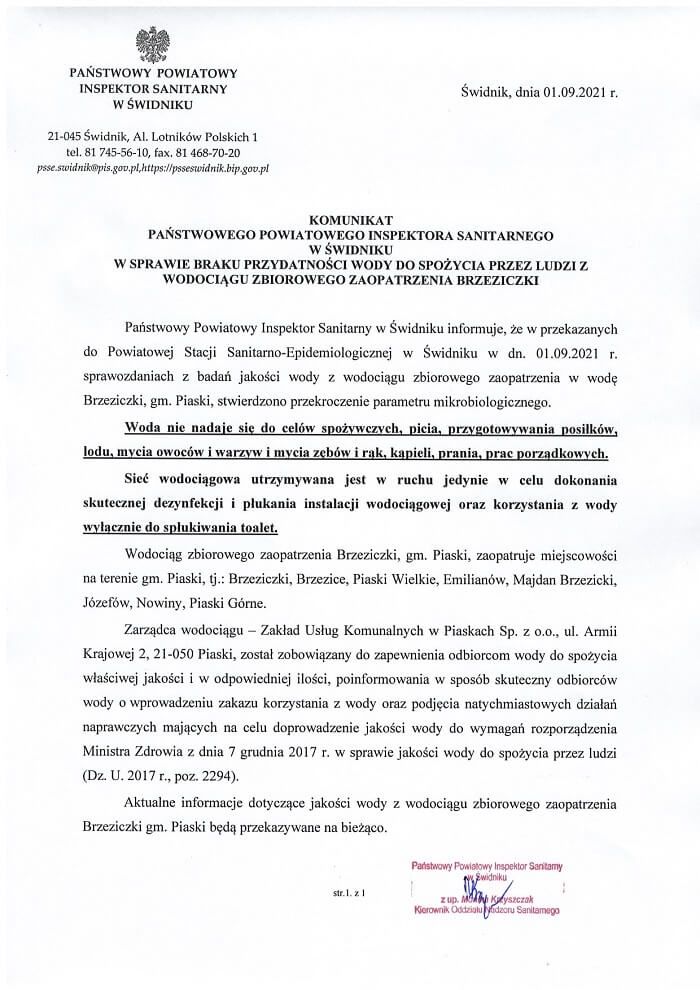 Komunikat PPIS w Świdniku dot. przekroczenia parametrów mikrobiologicznych w wodociągu w Brzeziczkach