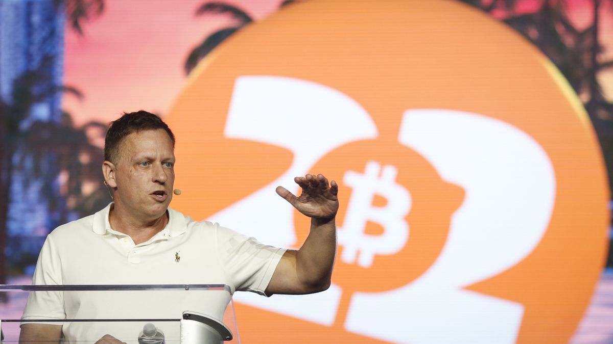 Bitcoin 2022 Conference Draws Cryptocurrency Industry Professionals And Investors To Miami
MIAMI, FLORIDA - APRIL 7: Peter Thiel, co-founder of PayPal, Palantir Technologies, and Founders Fund, gestures as he speaks during the Bitcoin 2022 Conference at Miami Beach Convention Center on April 7, 2022 in Miami, Florida. The worlds largest bitcoin conference runs from April 6-9, expecting over 30,000 people in attendance and over 7 million live stream viewers worldwide.(Photo by Marco Bello/Getty Images)
Marco Bello