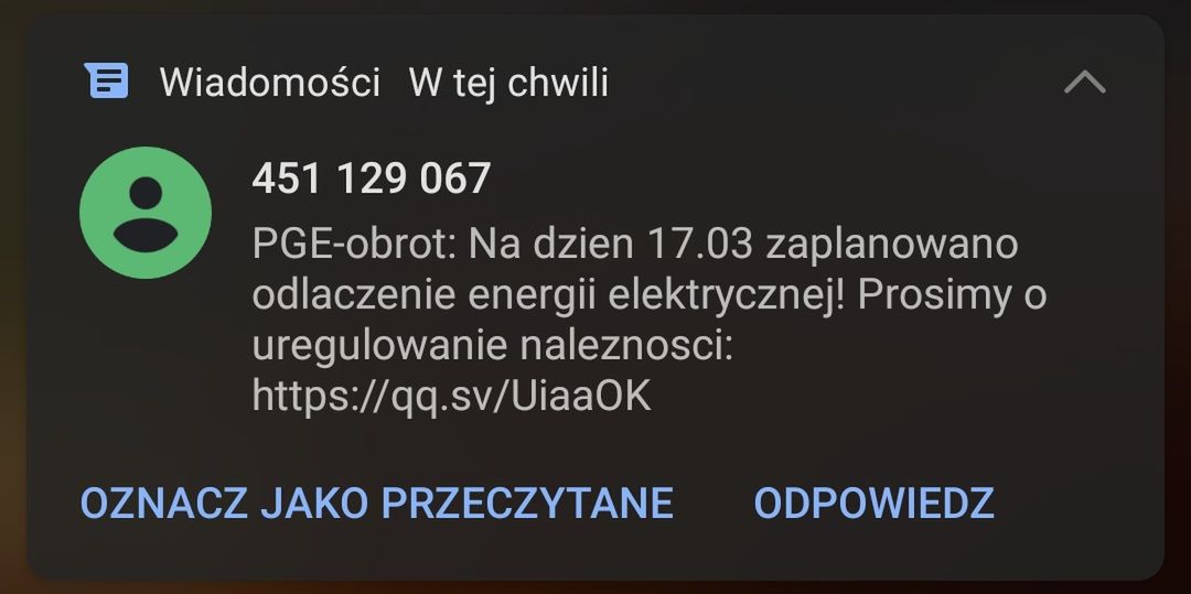 Fałszywy SMS o odłączeniu energii elektrycznej