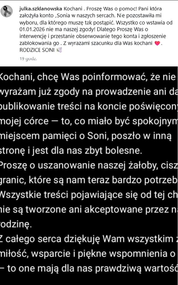Wpis Julii Szklanowskiej na Instagramie