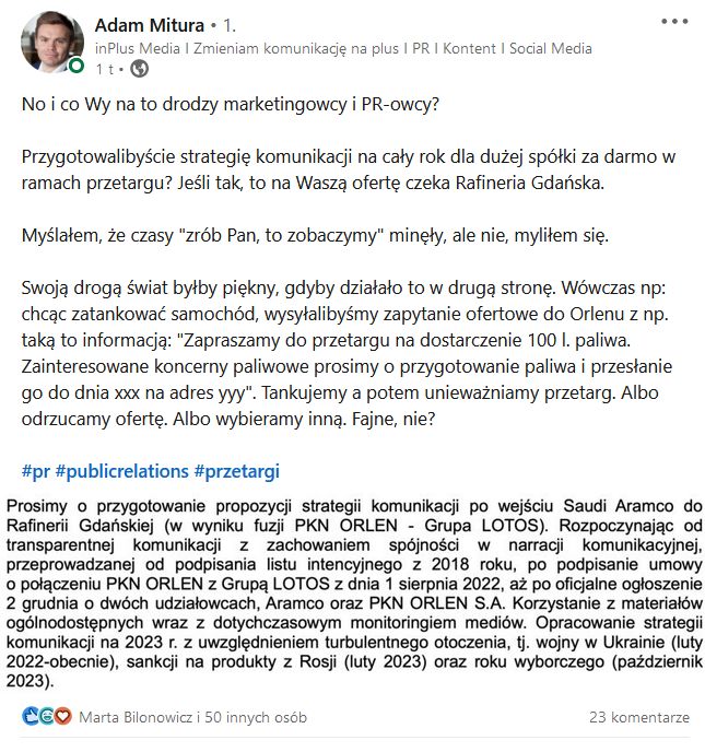 Informacja o przetargu Rafinerii Gdańskiej wywołała prawdziwą burzę