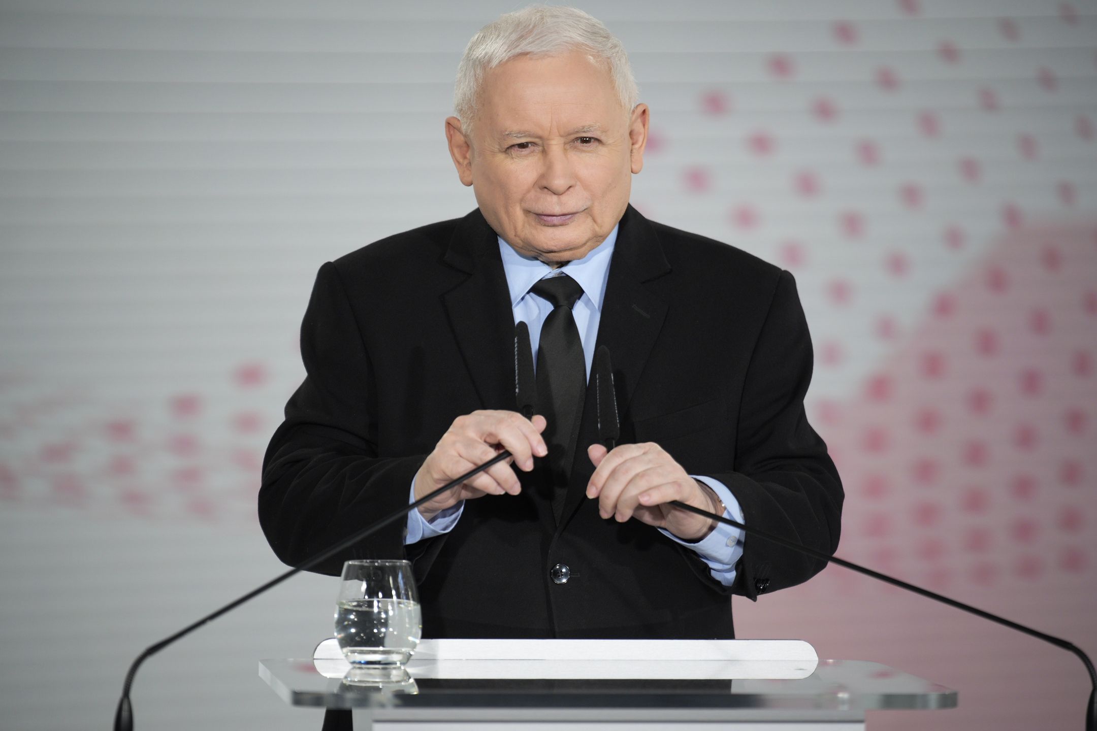 Former de facto leader of Poland Jaroslaw Kaczynski and former Prime Minister Mateusz Morawiecki hold a press conference in Warsaw, Poland on 19 March, 2024. (Photo by Jaap Arriens/NurPhoto via Getty Images)