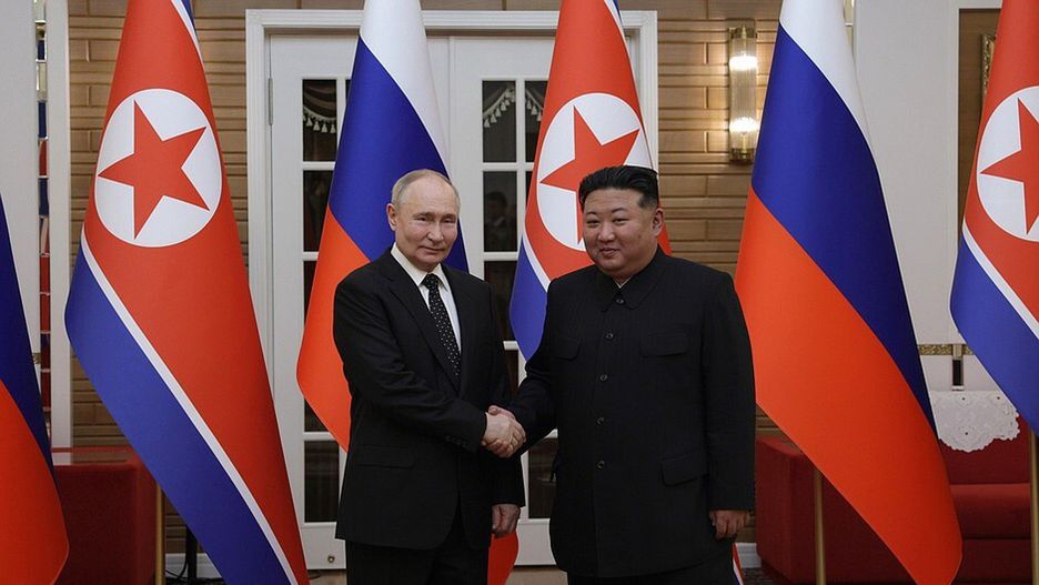 Vladimir Putin in North Korea
PYONGYANG, NORTH KOREA - JUNE 19: (----EDITORIAL USE ONLY - MANDATORY CREDIT - ' KREMLIN PRESS OFFICE / / HANDOUT' - NO MARKETING NO ADVERTISING CAMPAIGNS - DISTRIBUTED AS A SERVICE TO CLIENTS----) Russian President Vladimir Putin (L) shakes hands with Chairman of State Affairs of the Democratic People's Republic of Korea (DPRK) Kim Jong-un (R) as they pose for a photo within their bilateral meeting in Pyongyang, North Korea on June 19, 2024. (Photo by Kremlin Press Office / Handout/Anadolu via Getty Images)
Anadolu
dprk, committeelateral, political, russian president, chairman of state affairs of the democratic people's republic of