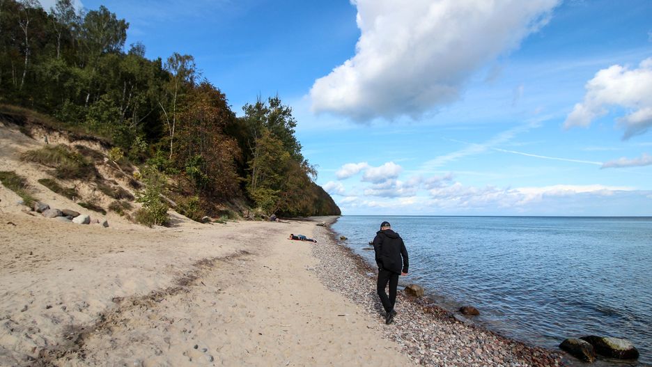 Man walking by the Baltic Sea (Gdansk Bay) beach in Oksywie district is ssen in Gdynia, Poland on 29 September 2019  (Photo by Michal Fludra/NurPhoto via Getty Images)