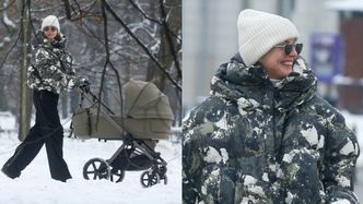 Katarzyna Sokołowska mknie z synkiem i wózkiem własnego projektu przez zaśnieżone alejki stolicy (ZDJĘCIA)