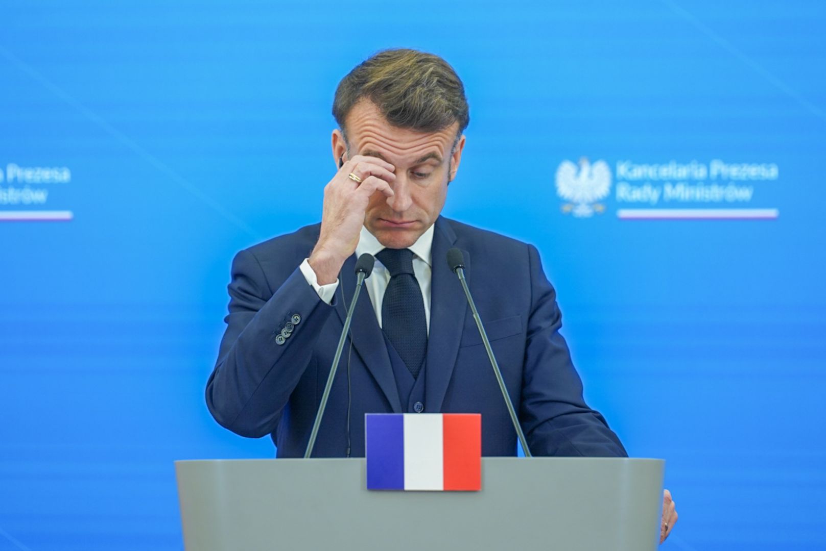 WARSAW, POLAND - 2024/12/12: President of France Emmanuel Macron, speaks to the media during a press conference. Donald Tusk and Emmanuel Macron held a meeting to discuss further support for Ukraine, international developments, and the future of transatlantic relations. The talks also focused on the priorities of Poland's presidency in the Council of the European Union, set to begin on January 1, 2025, under the motto "Security, Europe!". (Photo by Marek Antoni Iwanczuk/SOPA Images/LightRocket via Getty Images)