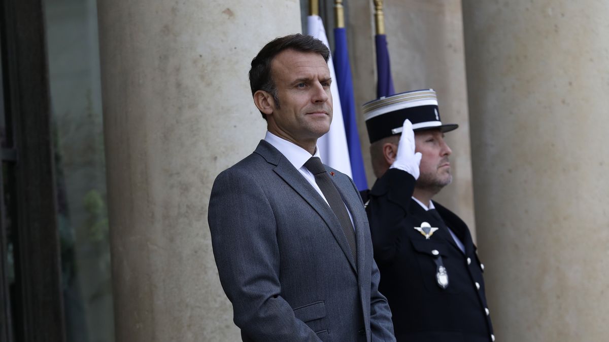 PARIS, FRANCE - MAY 2:  France's President Emmanuel Macron looks on prior to welcoming Japan's Prime Minister Fumio Kishida ahead of a meeting at the Elysee Palace on May 2, 2024, France. (Photo by Antoine Gyori - Corbis/Corbis via Getty Images)
