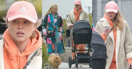Przyodziana w brzoskwiniowy dres Joanna Opozda spaceruje z mamą, Vincentem i suczką Marilyn (ZDJĘCIA)