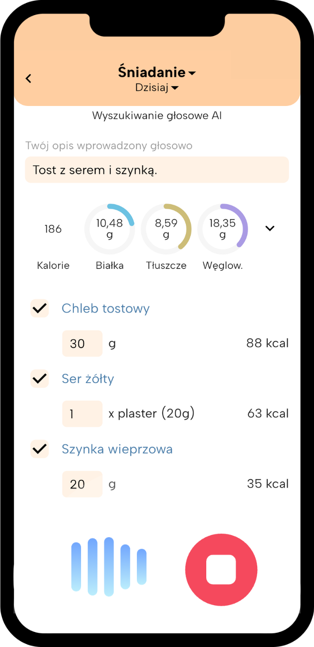 Fitatu - śniadanie z podziałem na makroskładniki. 