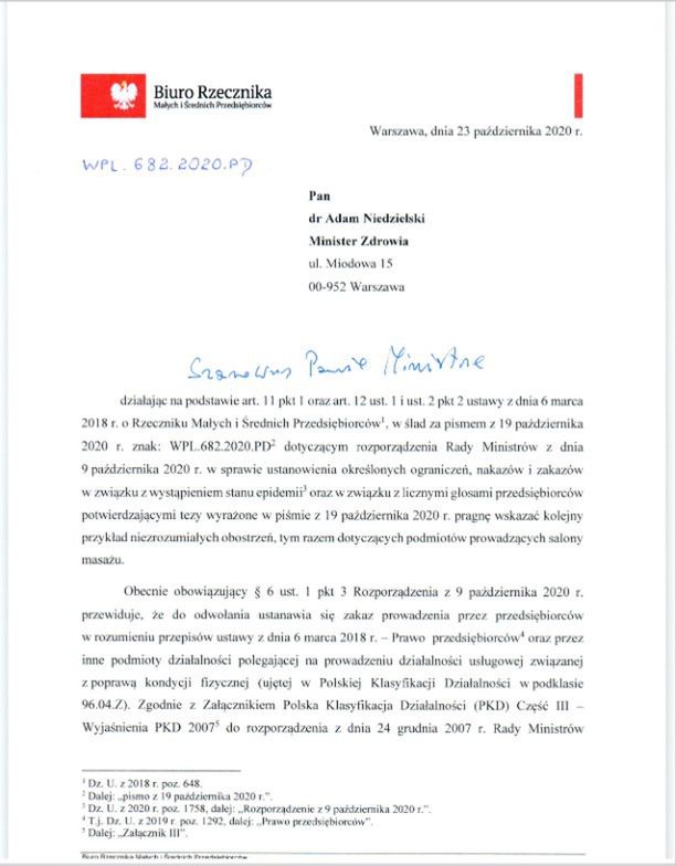 Pismo rzecznika MŚP do ministra zdrowia