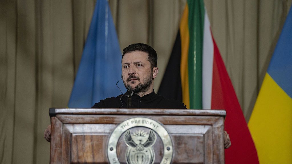 Ukrainian President Zelenskyy in South Africa
PRETORIA, SOUTH AFRICA - APRIL 24: Ukrainian President Volodymyr Zelenskyy makes a speech as he holds a joint press conference with South African President Cyril Ramaphosa (not seen) following their meeting in Pretoria, the capital of South Africa on April 24, 2025. (Photo by Ihsaan Haffejee/Anadolu via Getty Images)
Anadolu
ukrainian president, volodymyr zelenskyy (, political, capital, the capital of south africa, joint press conference, meet, south african president