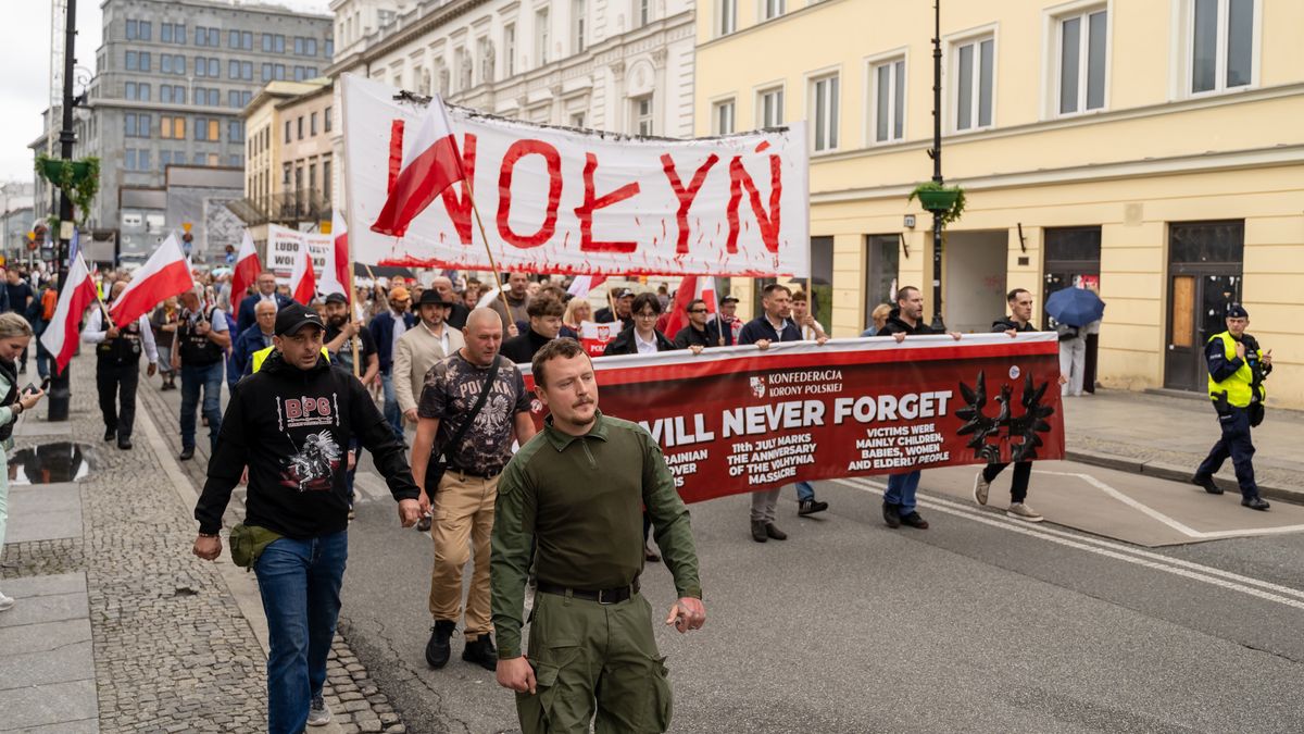 Protesters carry a banner reading ''Wolyn'' (''Volhynia'') during a demonstration in Warsaw, Poland, on July 12, 2026. (Photo by Marek Antoni Iwanczuk/NurPhoto via Getty Images)
