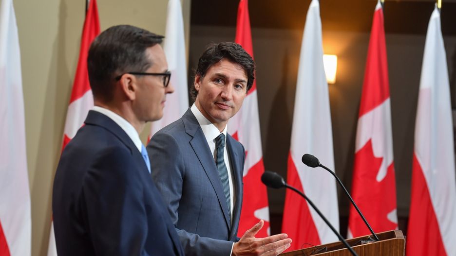 Mateusz Morawiecki i Justin Trudeau podczas konferencji prasowej