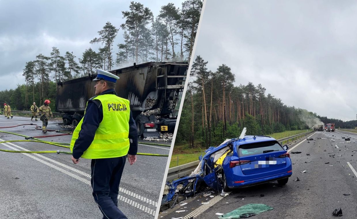 Całkowicie zablokowana droga. Śmiertelny wypadek, samochód spłonął