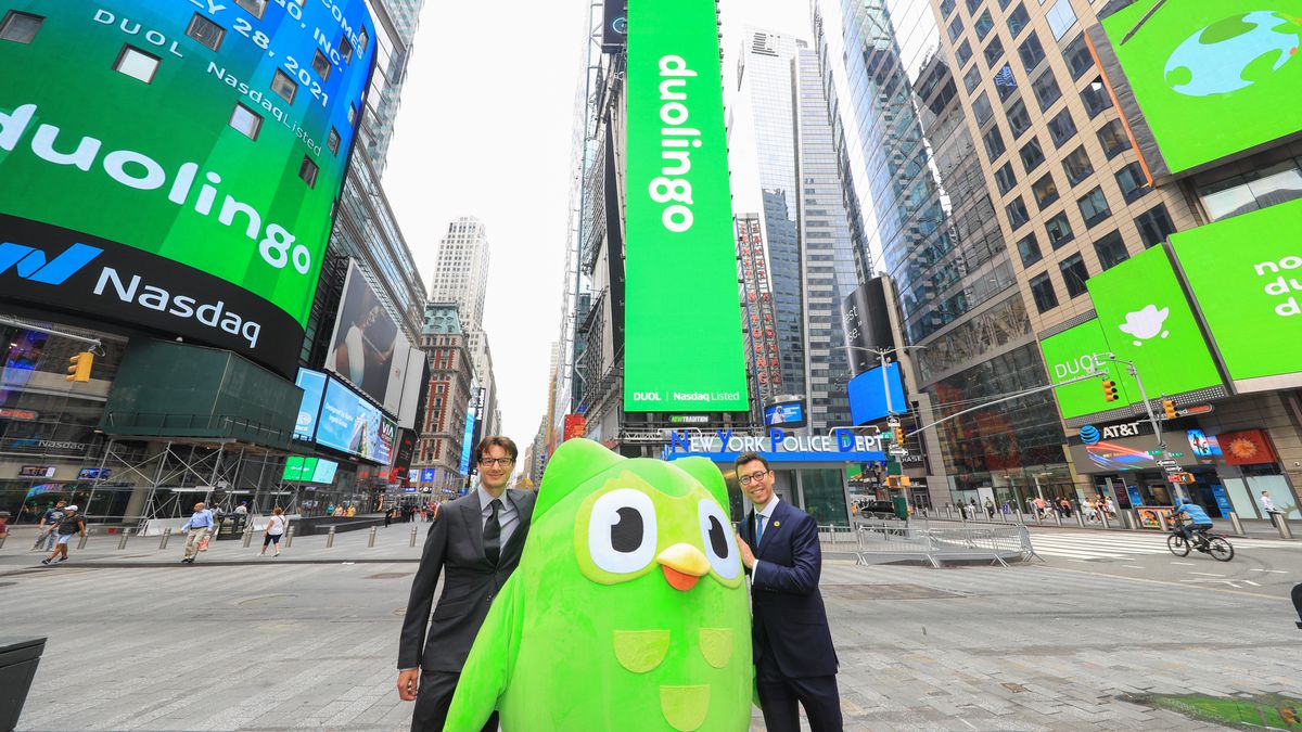 7/28/21, DUOL, Duolingo, Hybrid Bell, IPO, Inc, Karen Snow, Luis von Ahn, Market Open
