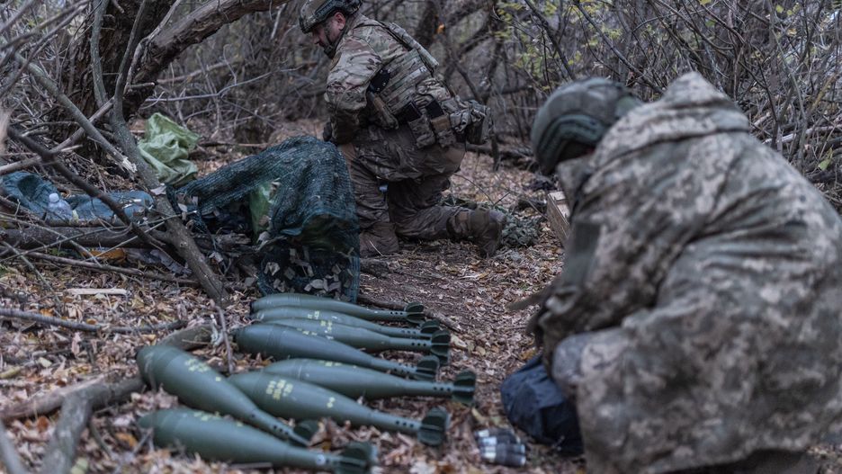 DONETSK OBLAST, UKRAINE - NOVEMBER 07: Ukrainian soldiers transfer mortar shells at a position in the direction of Pokrovsk, Donetsk Oblast, Ukraine on November 07, 2024. (Photo by Diego Herrera Carcedo/Anadolu via Getty Images)