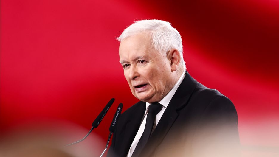 Jaroslaw Kaczynski, the leader of Law and Justice (PiS) party, gives a speech on the 105th anniversary of Poland regaining independence. Krakow, Poland on November 11, 2023 (Photo by Beata Zawrzel/NurPhoto via Getty Images)
