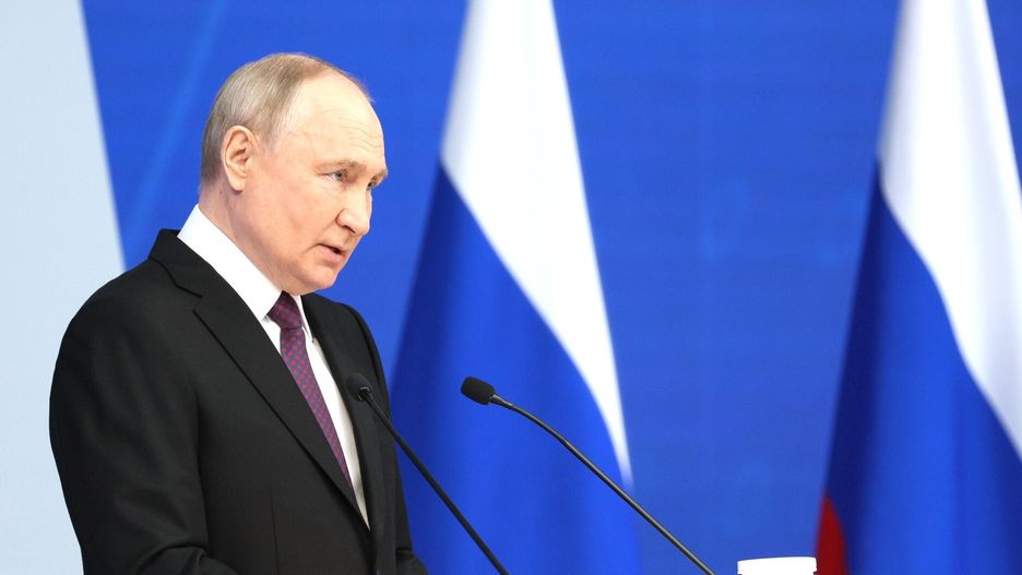 MOSCOW, RUSSIA - FEBRUARY 29:  (----EDITORIAL USE ONLY - MANDATORY CREDIT - 'KREMLIN PRESS OFFICE / HANDOUT' - NO MARKETING NO ADVERTISING CAMPAIGNS - DISTRIBUTED AS A SERVICE TO CLIENTS----)  Russian President Vladimir Putin delivers an annual address to the Federal Assembly of the Russian Federation, at Moscow's Gostiny Dvor; the Federal Assembly of Russia consists of the Russian State Duma and the Russian Federation Council, in Moscow, Russia on February 29, 2024. (Photo by Kremlin Press Office / Handout/Anadolu via Getty Images)