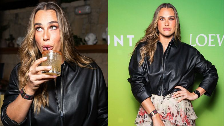 Aryna Sabalenka w kwiecistej spódnicy i z drinkiem w dłoni wdzięczy się na ściance