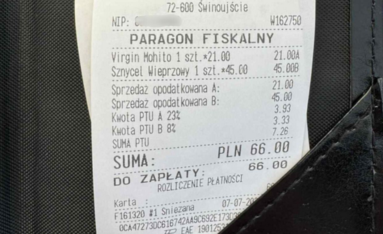 Paragon z kwotą, którą zapłaciliśmy