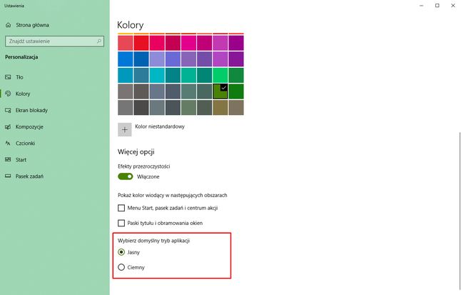 Ustawienia domyślnych kolorów aplikacji w opcjach personalizacji Windowsa 10.