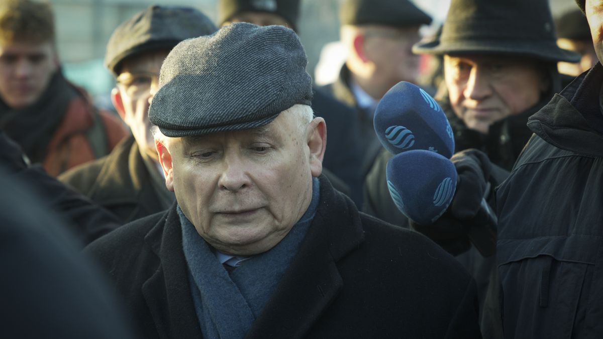 Jaroslaw Kaczynski with supporters and media is seen after the Smolensk commemoration ceremony in Warsaw, Poland on 10 January, 2024. (Photo by Jaap Arriens/NurPhoto via Getty Images)