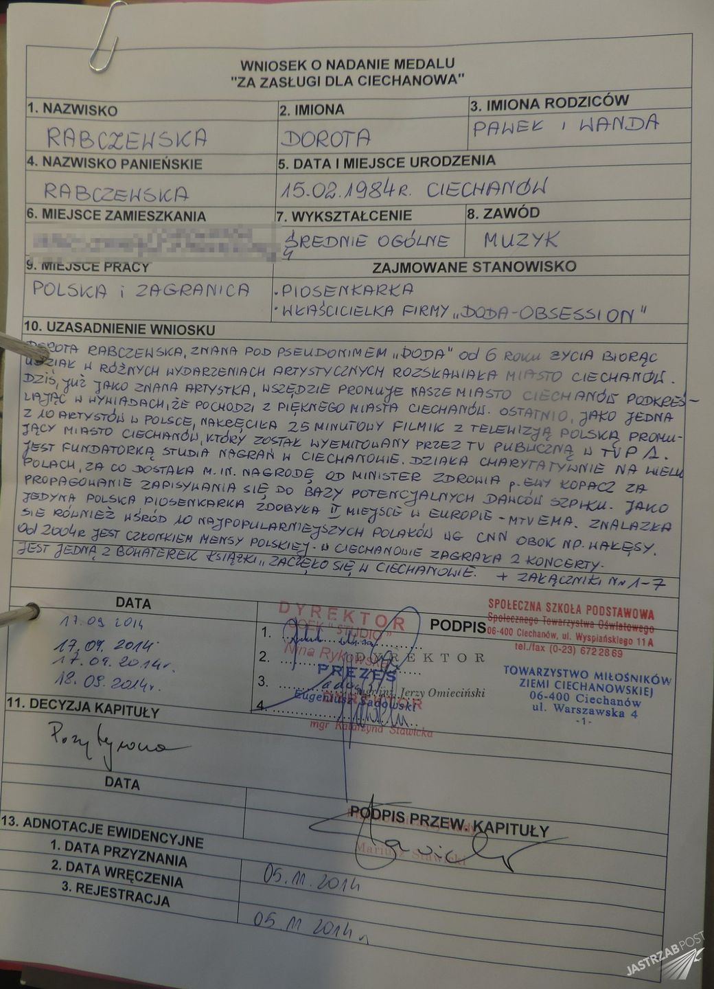 Wniosek o przyznanie Dodzie madalu "za zasługi dla Ciechanowa"