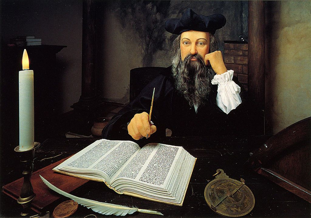 Farbdruck, Nostradamus, Michel de Nostredame, vor Buch, in La Maison de Nostradamus, Salon de Provence, Frankreich, 0061122 