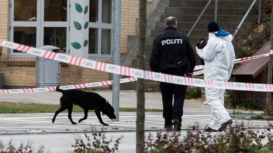 Duńscy policjanci na miejscu ataku nożownika w Aarhus