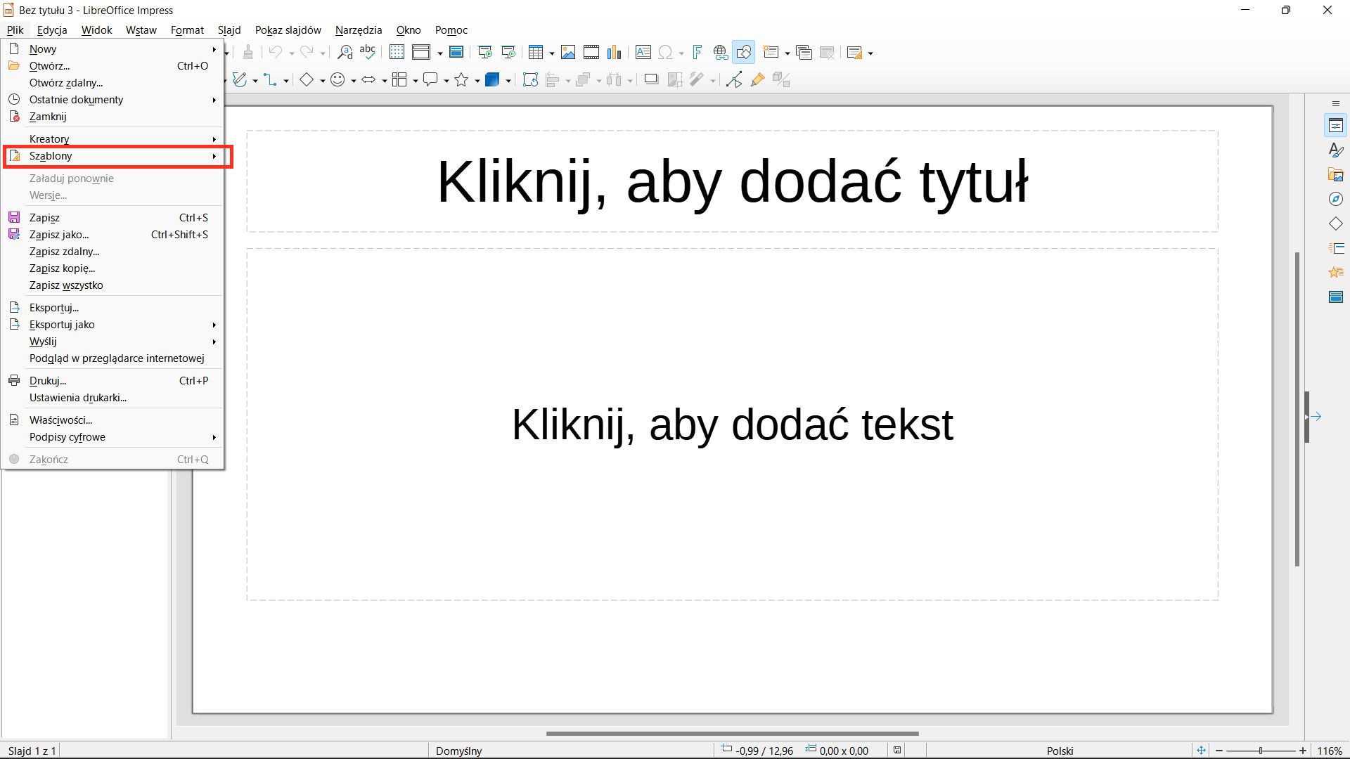Aby zmienić szablon prezentacji udajemy się do zakładki Plik.