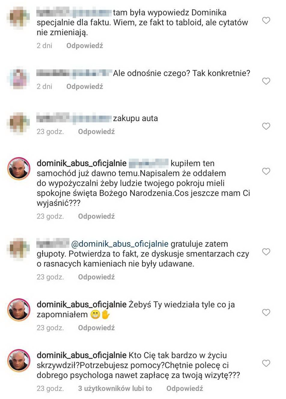 Dominik Abus dyskutuje z "hejterami" na Instagramie