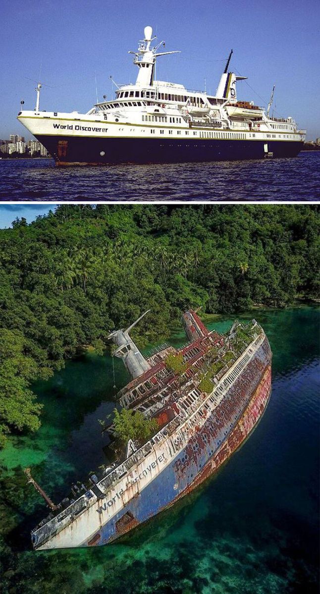 Statek World Discover przed i po zatąnięciu.