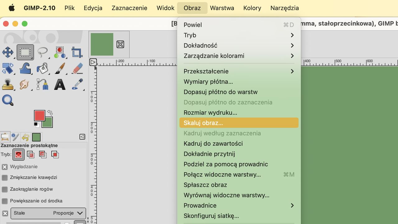 Do zmniejszenia obrazka wykorzystamy funkcję skalowania w Gimpie