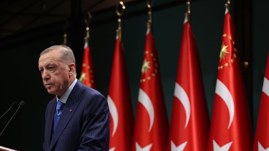 ANKARA, TURKIYE - JANUARY 23: Turkish President Recep Tayyip Erdogan makes statements after cabinet meeting at Presidential Complex in Ankara, Turkiye on January 23, 2023. (Photo by Murat Kula/Anadolu Agency via Getty Images)