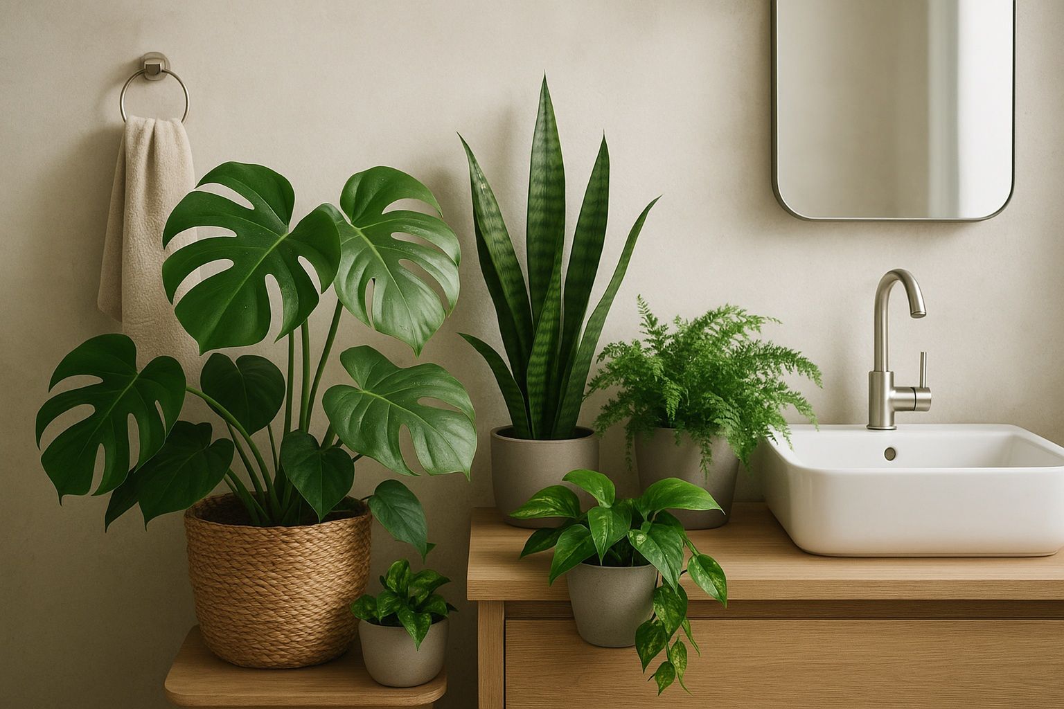 Zielone rośliny w nowoczesnej łazience – paprocie, kalatea i epipremnum na półkach, jasne wnętrze, świeży klimat – ilustracja artykułu