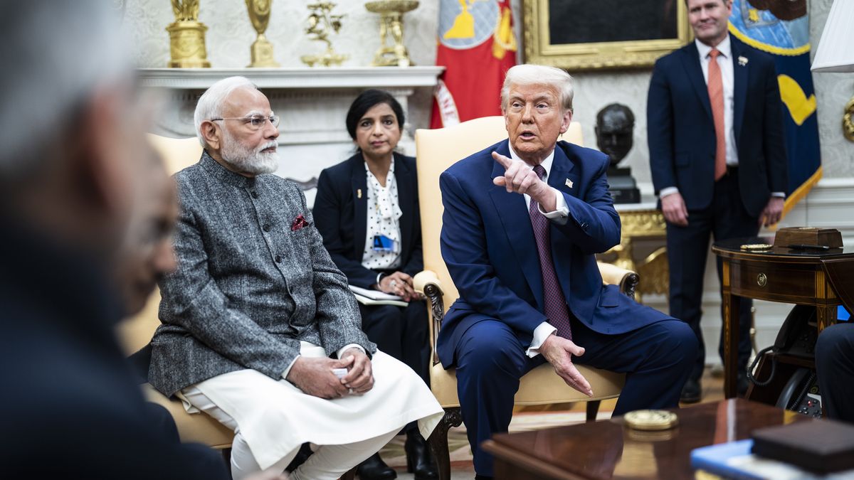 Washington, DC - February 13 : President Donald J Trump speaks with India's Prime Minister Narendra Modi during a meeting in the Oval Office at the White House on Thursday, Feb 13, 2025 in Washington, DC. (Photo by Jabin Botsford/The Washington Post via Getty Images)