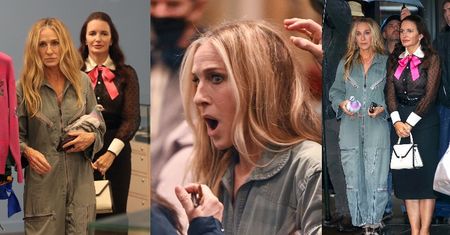 Sarah Jessica Parker STRASZY w szarym kombinezonie i z drogocennym GOŁĘBIEM pod pachą na planie serialu "I tak po prostu" (ZDJĘCIA)