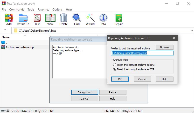 Interfejs nowego WinRAR-a. Naprawianie uszkodzonego archiwum.