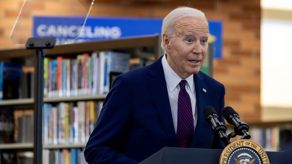 CULVER CITY, CA - FEBRUARY 21: President Joe Biden announces the cancellation of an additional $1.2 billion in student loan debt for about 153,000 borrowers, at meeting with community at Culver City Julian Dixon Library in Culver City, CA. (Irfan Khan / Los Angeles Times via Getty Images)
