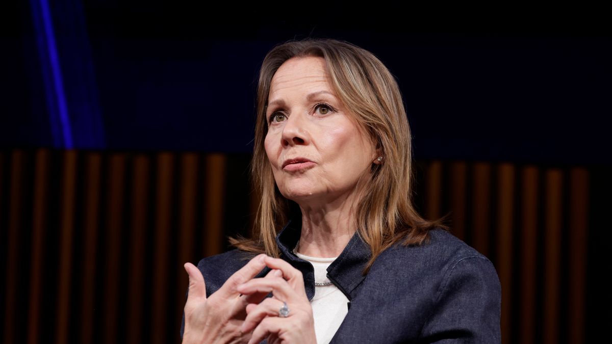 Mary Barra, chairman and chief executive officer of General Motors Co., speaks during the grand opening of General Motors global headquarters at Hudson's Detroit in Detroit, Michigan, US, on Monday, Jan. 12, 2026. Barra discussed GM's heritage and innovation for the future. Photographer: Jeff Kowalsky/Bloomberg via Getty Images