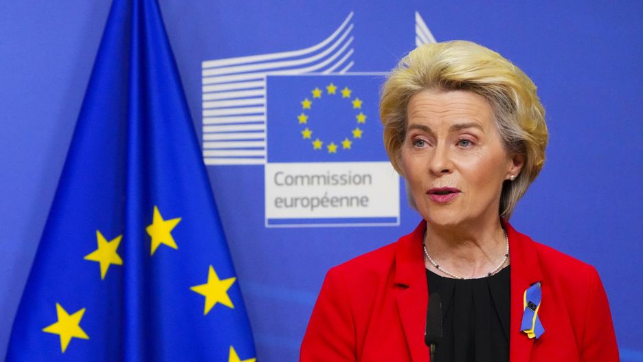 arch50President of the European Commission Ursula von der Leyen takes part in a joint statement with Canadian Prime Minister Justin Trudeau at the European Union Headquarters in Brussels, Belgium, Wednesday, March 23, 2022. (Sean Kilpatrick/The Canadian Press via AP), APTOPIXThe Canadian Press