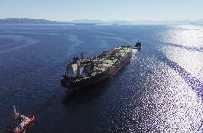 An aerial view of the Greek-flagged oil tanker 'Sounion' draws worldwide attention in August 2024 after it is heavily damaged by Houthis in multiple attacks off Yemen at Piraeus anchorage in Piraeus, Greece, on March 21, 2025. (Photo by Nicolas Koutsokostas/NurPhoto via Getty Images)