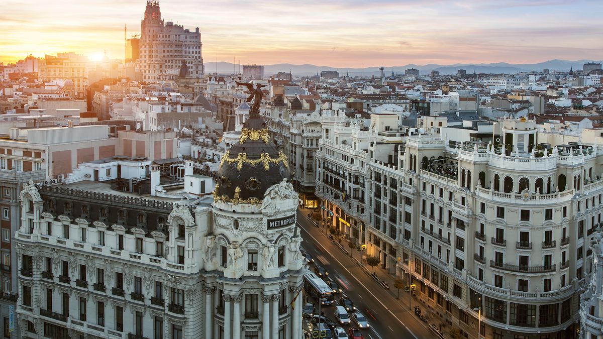Skyline of Madrid with Metropolis Building and GraSylvain SonnetAlcala Gate, Building Exterior, COLOR IMAGE, Capital Cities, City LIfe