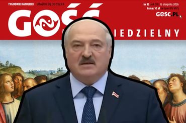 Alaksandr Łukaszenka na tle okładki „Gościa Niedzielnego”