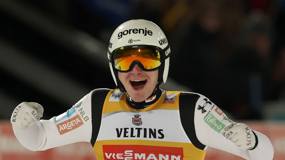 OBERSTDORF, GERMANY - DECEMBER 29: Domen Prevc of Team Slovenia celebrates following his jump in the second run of the Men's Individual HS137 during FIS World Cup Ski Jumping Four Hills Tournament Men Oberstdorf at Orlen Arena on December 29, 2025 in Oberstdorf, Germany. (Photo by Alexander Hassenstein/Getty Images)